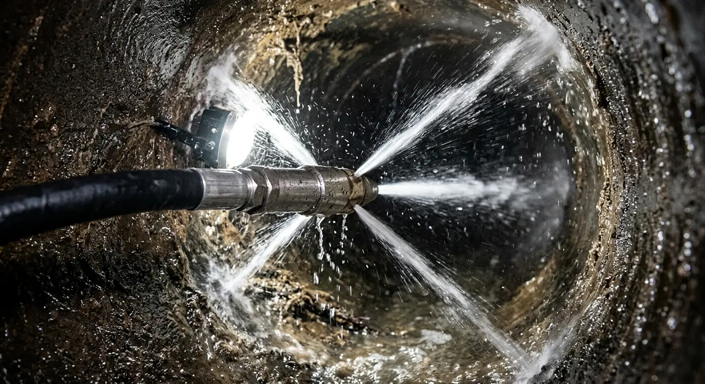 High-pressure hydro jetting nozzle cleaning sewer pipe for Trenchless Sewer Repair in Savoy