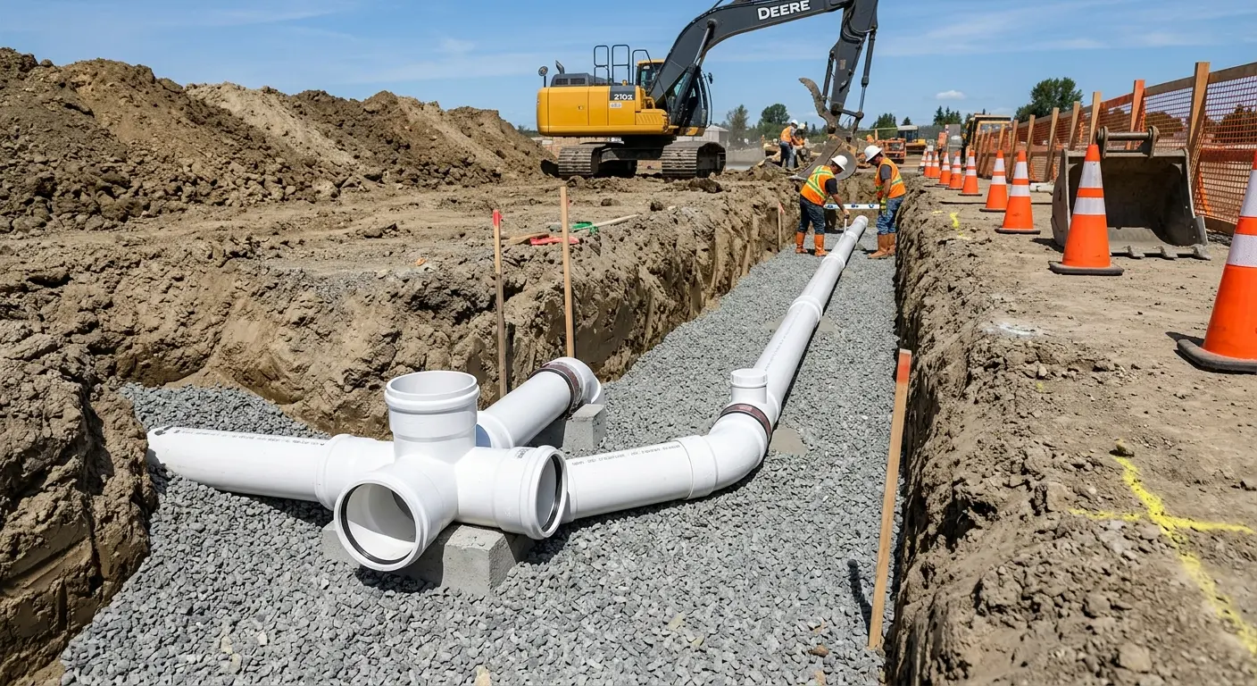 New PVC sewer pipe installation in open trench for Commercial Drain Cleaning in Savoy